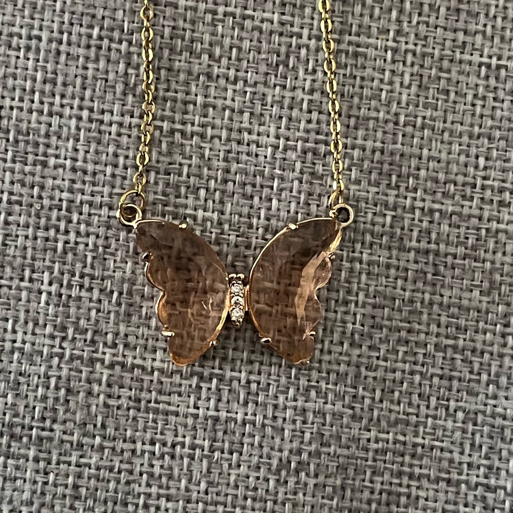 Peach Crystal Butterfly Pendant Necklace ✨ Gold Tone Chain | Fairycore - Picture 5 of 7